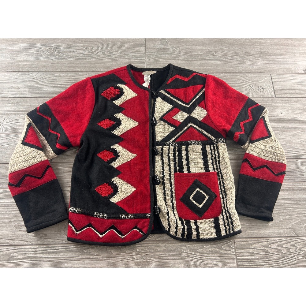 Coldwater Creek Wool Blend Geometric Colorblock Jacket Red Southwestern XSM